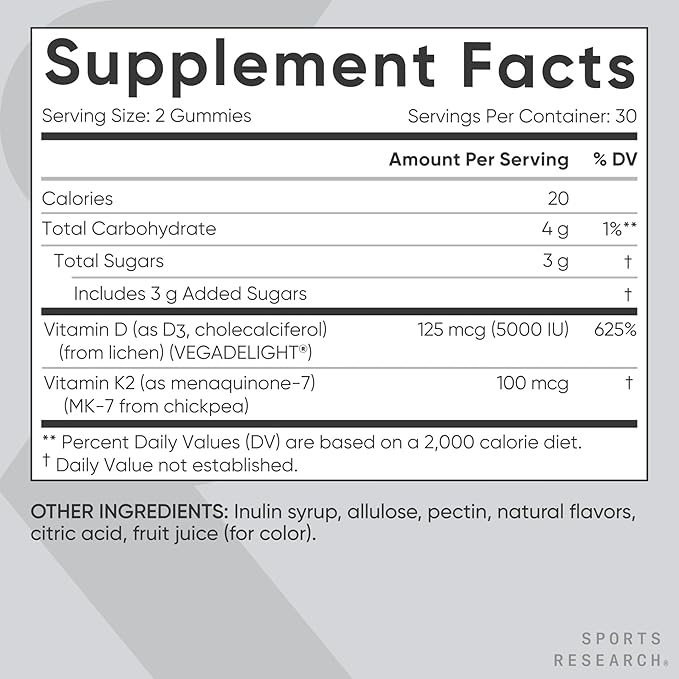 Sports Research® Vegan Vitamin D3 + K2 Gummies - 5000iu Vitamin D w/100mcg Mk7 Vitamin K for Bone & Immune Support - Vegan Certified · Non-GMO · Sugar Free - 60 Count Gummy
