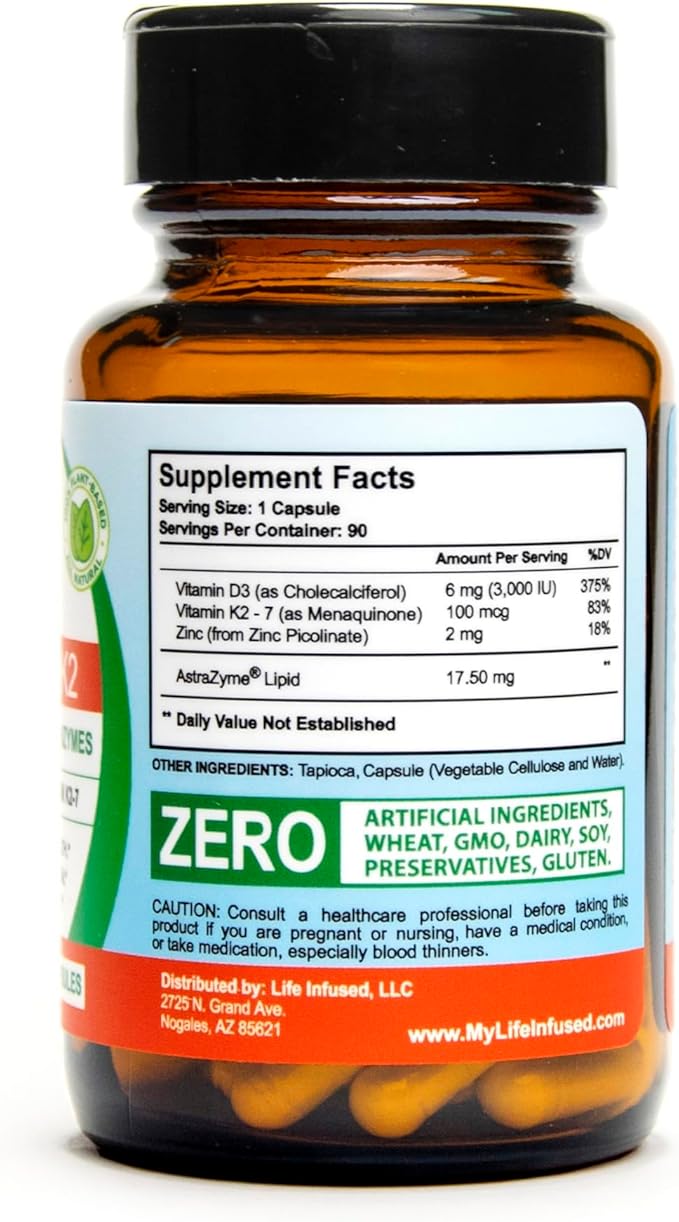 Life Infused Vitamin D3 + K2 Supercharged with Zinc and Enzymes, Help Maintain Healthy Immune System, Bone Health, Emotional Wellbeing, 90 Capsules.
