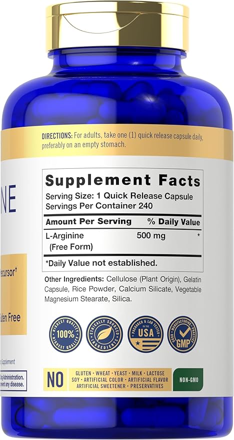 Carlyle L-Arginine 500mg Capsules | 240 Count | Free Form | Non-GMO & Gluten Free Supplement