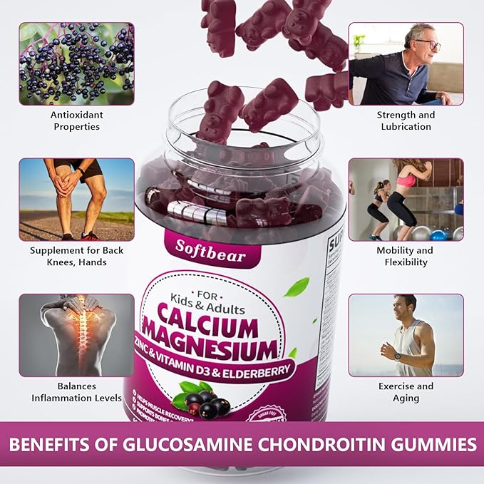 softbear Glucosamine Chondroitin Gummies, Sugar Free Glucosamine Chondroitin MSM with Elderberry Turmeric Supplement Support Joint Antioxidant, Elderberry Flavored 120 Count