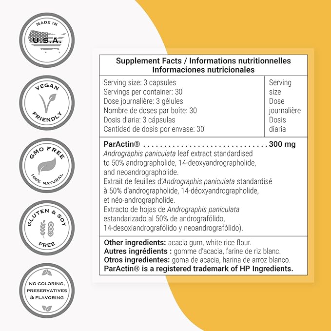 Supersmart - ParActin Supplement 300mg per Day (High Strength) - Andrographis Paniculata | Non-GMO & Gluten Free - 90 Vegetarian Capsules