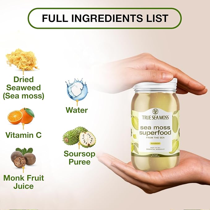Sea Moss Gel – Made in USA – Wildcrafted Seamoss, Fresh Fruits & Sea Vegetables – Soursop, Pack of 1 (Labels may Vary)