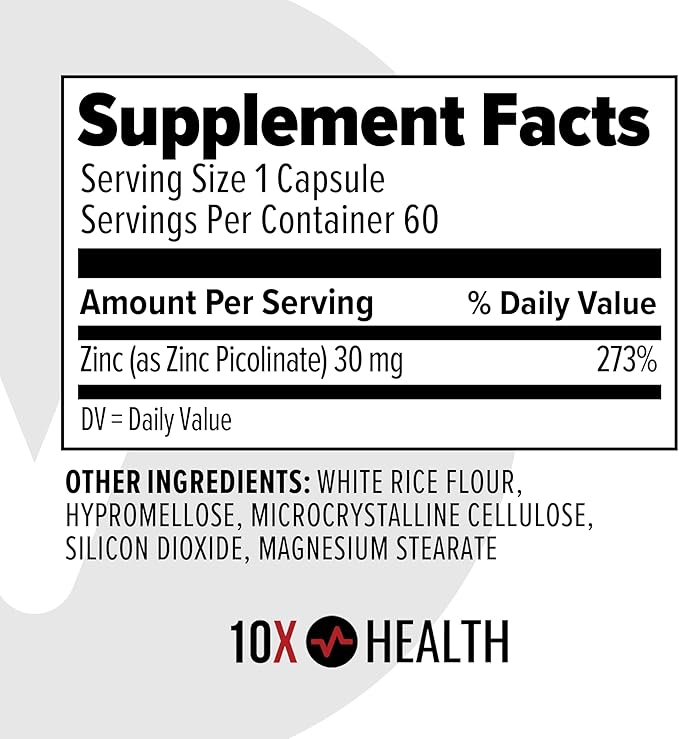 10X Health Zinc Supplements - Contains Zinc 30mg for DNA & Protein Synthesis, Overall Wellness & Immune Support Supplement - Highly Absorbable Vitamins (60 Capsules)