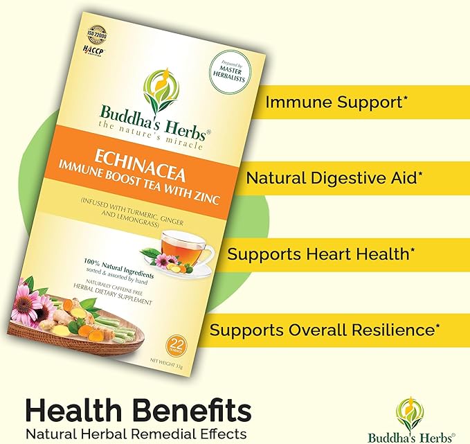 Buddha's Herbs Organic Echinacea Herbal Tea Supplement, Immune Support Supplement with Zinc, Turmeric, Ginger & Lemongrass (2 Pack, 44 Tea Bags)