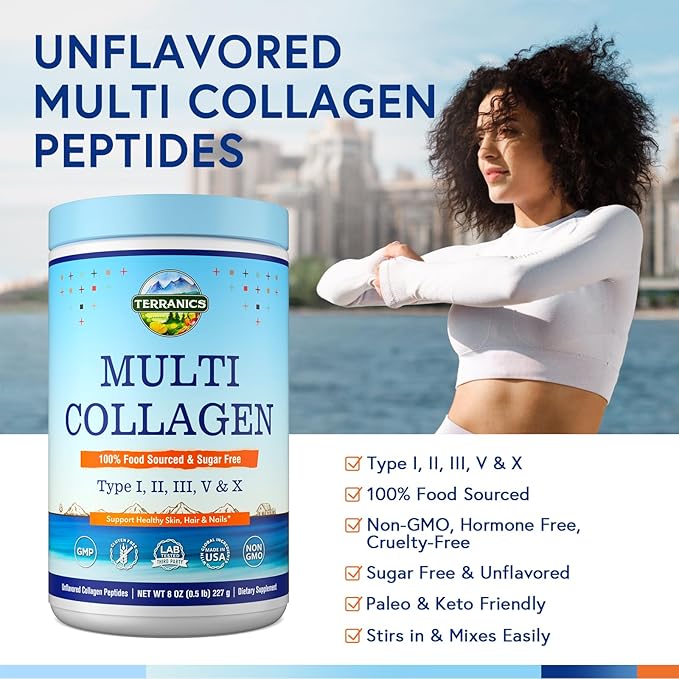 Terranics Multi Collagen Peptides Powder, Type I II III V X Collagen for Women & Men, Collagen Supplements for Skin, Nail, Hair, Easy to Dissolve, Unflavored, No Sugar, Keto, 8oz