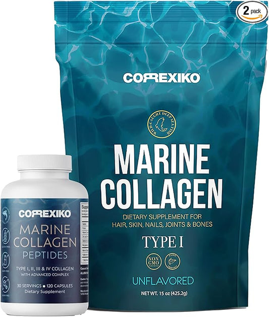 CORREXIKO Marine Collagen Supplement Pills & Powder Bundle 1 Month Supply - Includes 10,000mg Double Hydrolyzed Collagen Powder 15oz & 1800mg Collagen Peptides 120 Capsules - for Hair, Skin & Nails