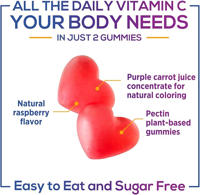 Zero Sugar Vitamin C Gummies - Immune Support & Antioxidant VitaminC Dietary Supplement - Vegan, Non-GMO, Dairy & Gluten Free C Vitamin Gummy - Raspberry Flavor for Kids & Adults - 120 Count Gummies