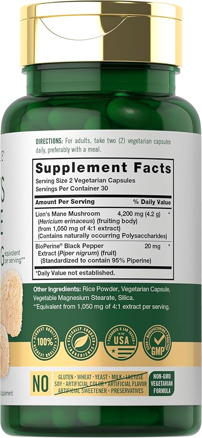 Carlyle Lions Mane Supplement Capsules | 4200mg | 60 Count | Vegetarian, Non-GMO & Gluten Free