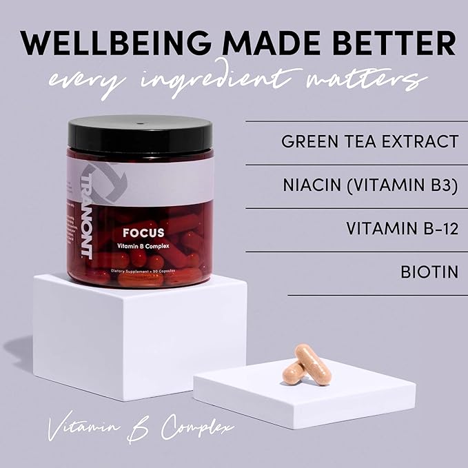 Tranont Focus Vitamin B Complex - Enhance Mental Clarity, Energy, and Immune Health with Natural Supplements, Green Tea & Lion's Mane Mushroom Supplement - Vegan, Gluten-Free - 90 Capsules