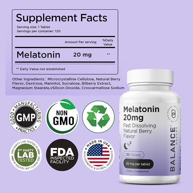 Melatonin 20mg Fast-Dissolve, 120 Tablets β Natural Sleep Aid for Restful Nights, Drug-Free Support for Relaxation and Tranquility