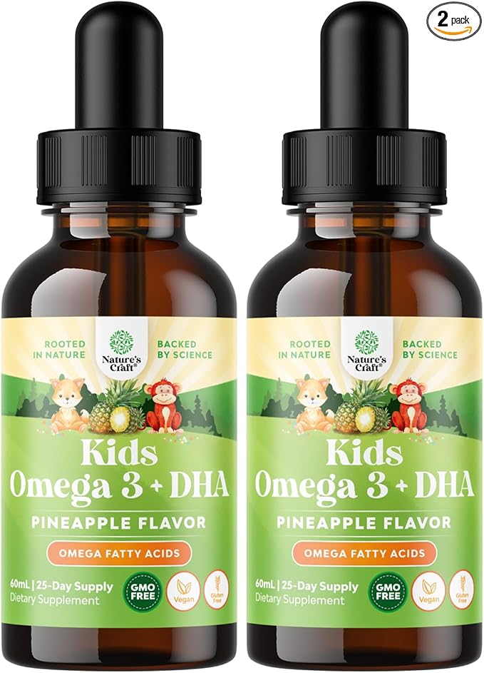 Kids DHA Omega 3 Drops - Fatty Acids Omega 3 6 9 for Brain, Immune Aid & Vision - Nutritional DHA for Kids for Healthy Nervous System & Focus Support - Liquid Supplement with EPA & ALA - 60 mL x2