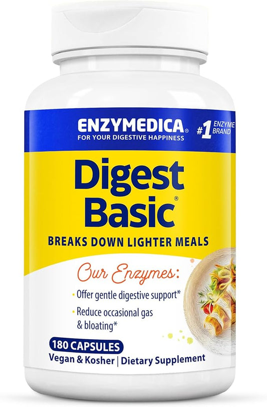 Enzymedica Digest Basic, Digestive Enzymes for Sensitive Stomachs, Offers Fast-Acting Gas & Bloating Relief, 180 Count