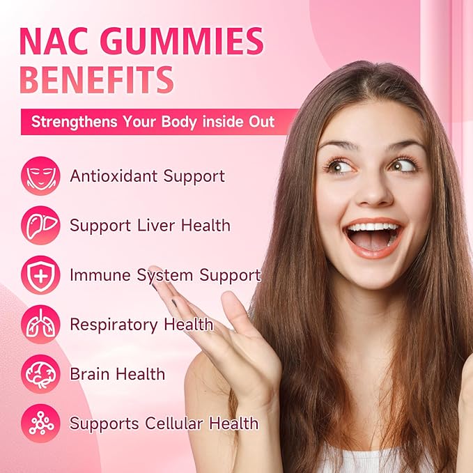 2 Pack NAC Gummies for Kids & Adults, 1000mg N Acetyl Cysteine Supplement NAC Chewable for Antioxidants & Immune Support, Liver Health, Raspberry Flavor, 120 Count