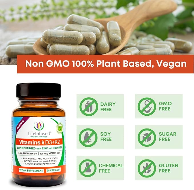 Life Infused Vitamin D3 + K2 Supercharged with Zinc and Enzymes, Help Maintain Healthy Immune System, Bone Health, Emotional Wellbeing, 90 Capsules.
