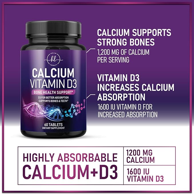 Calcium Supplements for Women 1200 mg Plus 1600 IU Vitamin D3, Bone Health, Teeth & Immune Support - Mineral Supplement with Vitamin D High Absorbable Premium Calcium Carbonate - 60 Tablets