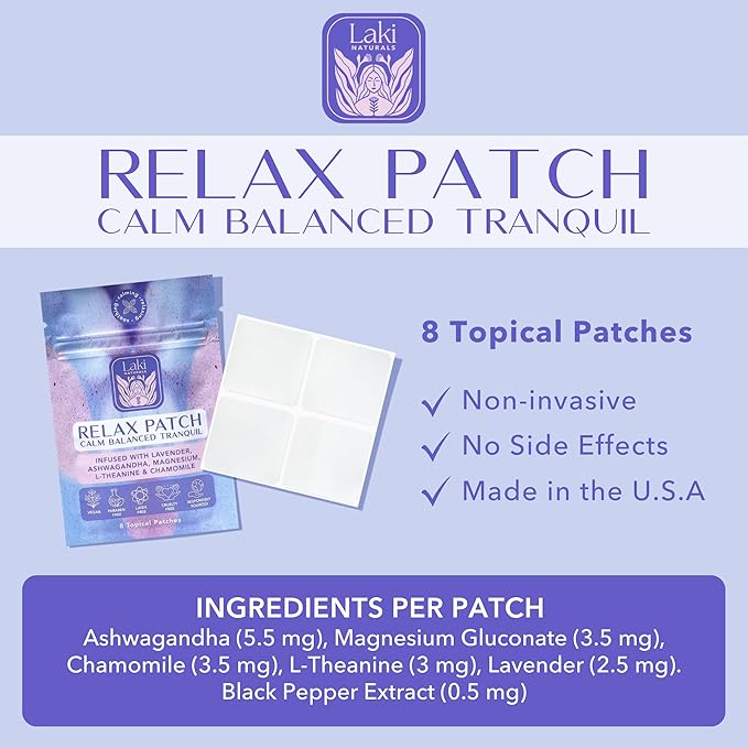 Laki Naturals Relax Patch (Pack of 8) | Natural Plant-Based Ingredients for Stress and Worry | Calming Formula for Better Sleep