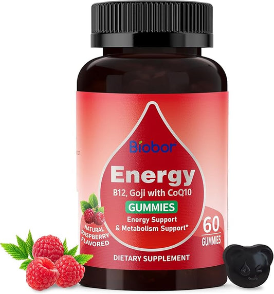 Natural Energy Gummies with Vitamin B12, Goji, Co Q10, Energy Support & Metabolism Support Chewable Supplement,GMO Free, Gluten Free (Raspberry, 60 Count