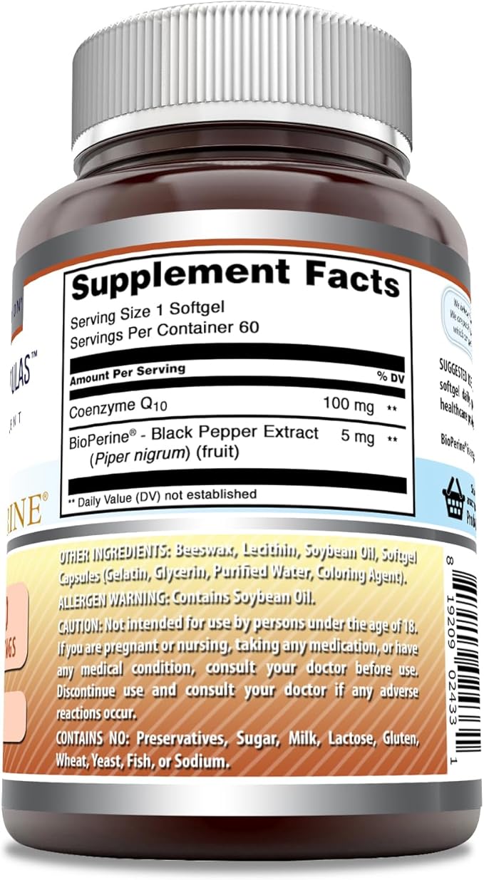 Amazing Formulas CoQ10 with Bioperine Supplement | 60 Softgels | 100 Mg Per Serving | Non-GMO| Gluten Free | Made in USA