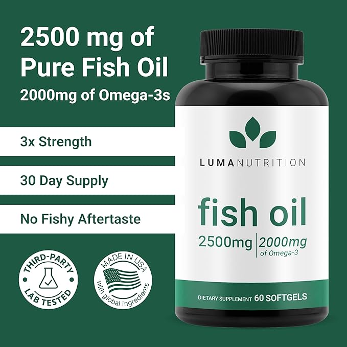 Luma Nutrition Omega 3 Fish Oil Supplement - Extra Strength 2500mg - 2000mg EPA & DHA - Brain and Heart Health - 60 Softgels