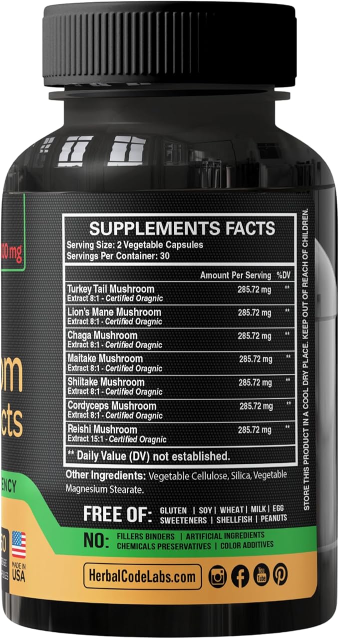 Organic Mushroom Supplement Extracts of Lions Mane Cordyceps Chaga Reishi Turkey Tail Maitake Shiitake Capsules - Natural Vitamins Minerals Antioxidants Supplement - Made in The USA