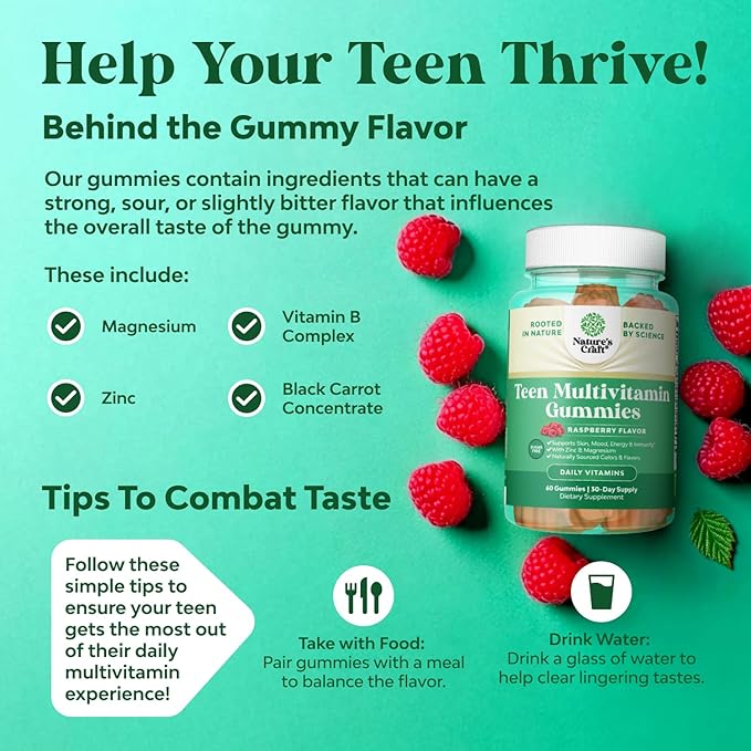 Teen Multivitamin Gummies 12-17 - Teen Boys & Girls Gummy Vitamins for Better Skin, Immune Strength, Mood & Energy Support - Teenage Girl & Boy Supplements with Zn, Mg, Vitamin A, C, D & E - 60 Ct