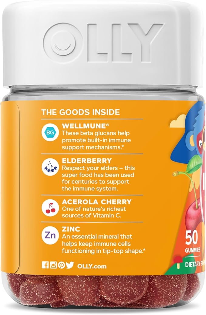 OLLY Kids Immunity Gummy, Immune Support, Wellmune, Elderberry, Vitamin C, Zinc, Chewable Supplement, Cherry - 50 Count