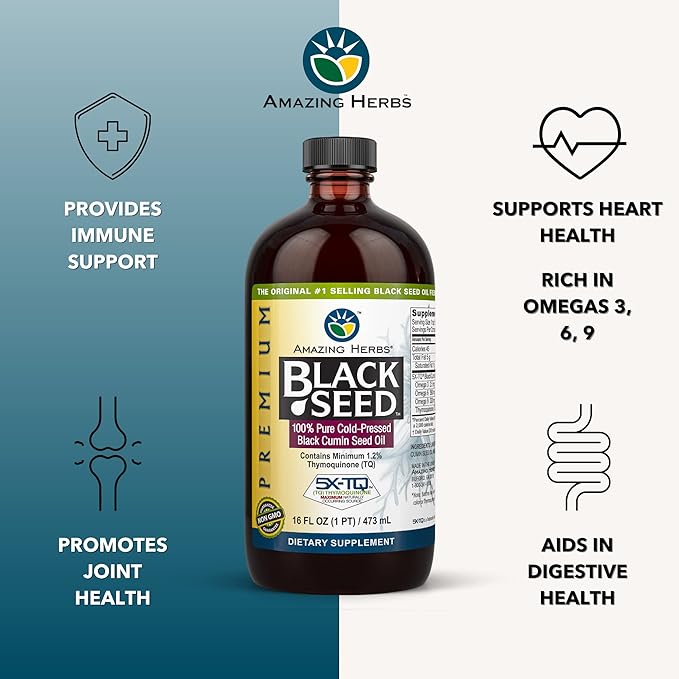 Amazing Herbs Premium Black Seed Oil - Cold Pressed Nigella Sativa Aids in Digestive Health, Immune Support, Brain Function, Joint Mobility, Gluten Free, Non GMO - 16 Fl Oz