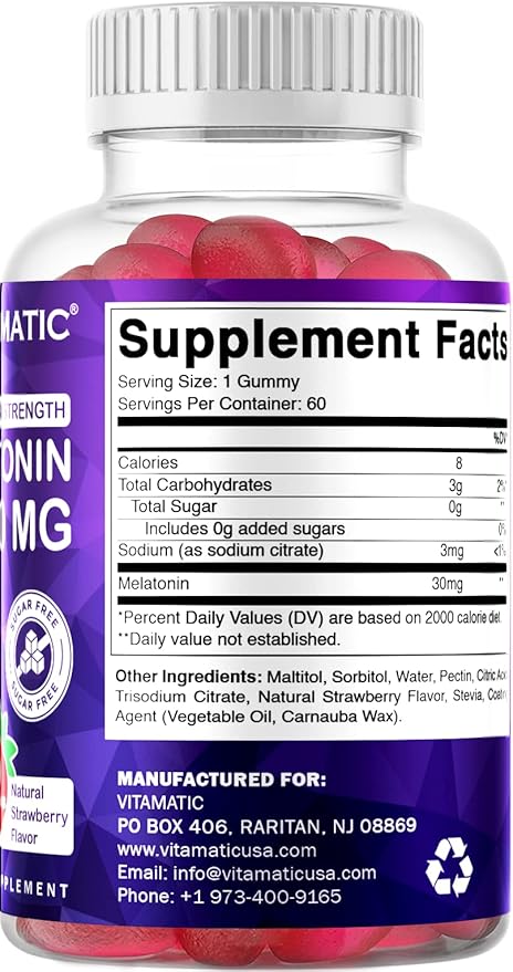 Vitamatic Sugar Free Melatonin 30mg per Gummy - 60 Servings - 60 Vegetarian Gummies - Non-Habit Forming Supplement (60 Count (Pack of 1))