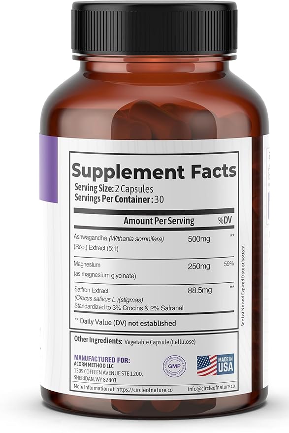 Saffron Supplement 88.5 mg Extract with Ashwagandha & Magnesium – Support Mood Enhacement, Eye Health & Relaxation – 60 Clean Capsules, Made in USA