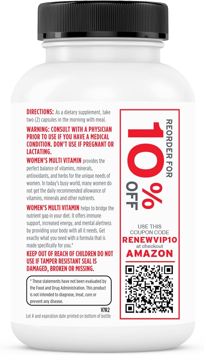 Renew Actives Women's Multi-Vitamin & Antioxidant: Daily Health Supplement - 22 Vitamins & Minerals for Energy & Mental Alertness, 2 Capsules per Serving - 60 Capsules
