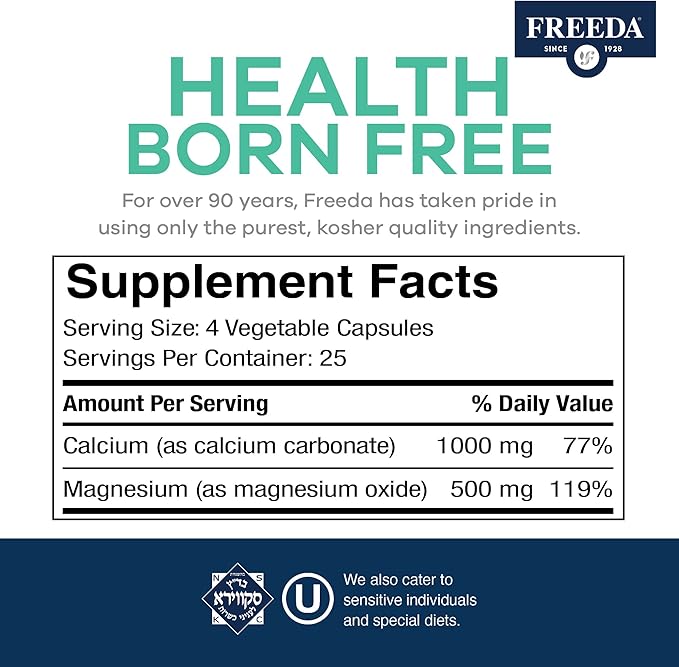 Freeda Super Cal/Mag – Kosher Vegan Bone Health Supplement – Supports Bone Strength, Nerve Function & Muscle Relaxation – Vegetarian Calcium Magnesium Capsules – Third-Party Tested – 250 Capsules