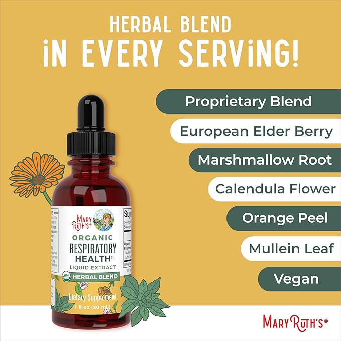 MaryRuth Organics USDA Organic Respiratory Health Liquid Drops with Mullein Leaf | Marshmallow Root & Elderberry | Mullein Drops for Lungs Herbal Blend | Immune Support Supplement | Vegan | 1 Fl Oz