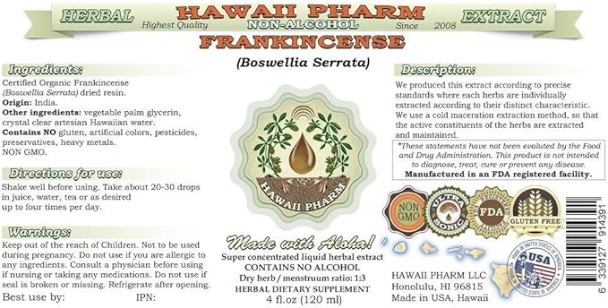 Frankincense Alcohol-Free Liquid Extract, Frankincense (Boswellia Serrata) Dried Resin Glycerite Hawaii Pharm Natural Herbal Supplement 4 oz