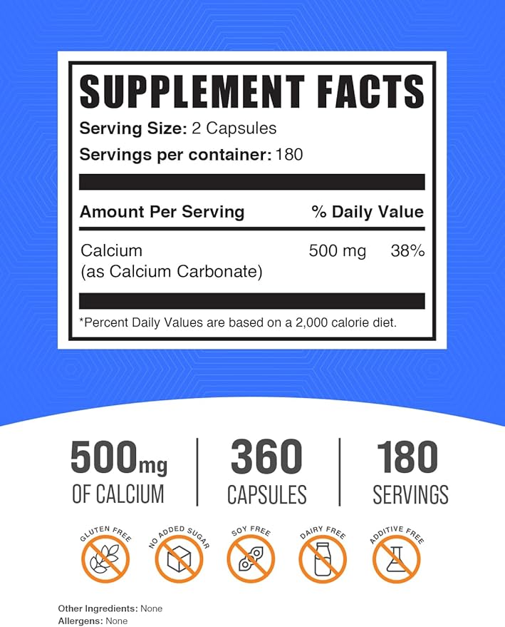 BulkSupplements.com Calcium Carbonate Capsules - Calcium Carbonate Supplement, Calcium Carbonate 500mg - Calcium Supplement, Gluten Free, 2 Capsules per Serving, 360 Capsules (Pack of 1)