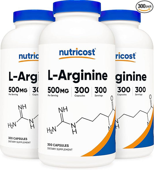 Nutricost L-Arginine 500mg, 300 Capsules (3 Bottles)