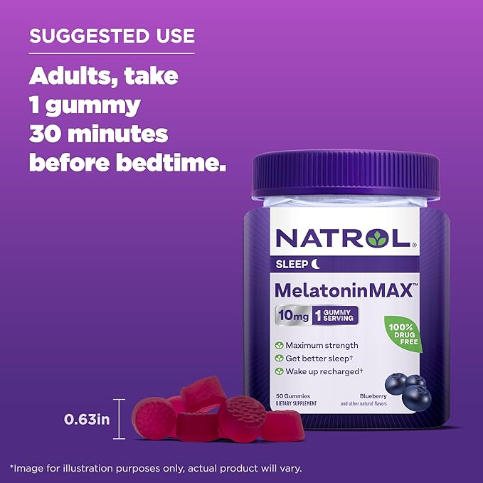 Natrol MelatoninMax Sleep Aid Gummy, 10mg per Gummy, Maximum Strength for Better Sleep, 10mg, 50 Blueberry Flavored Gummies (Pack of 12)