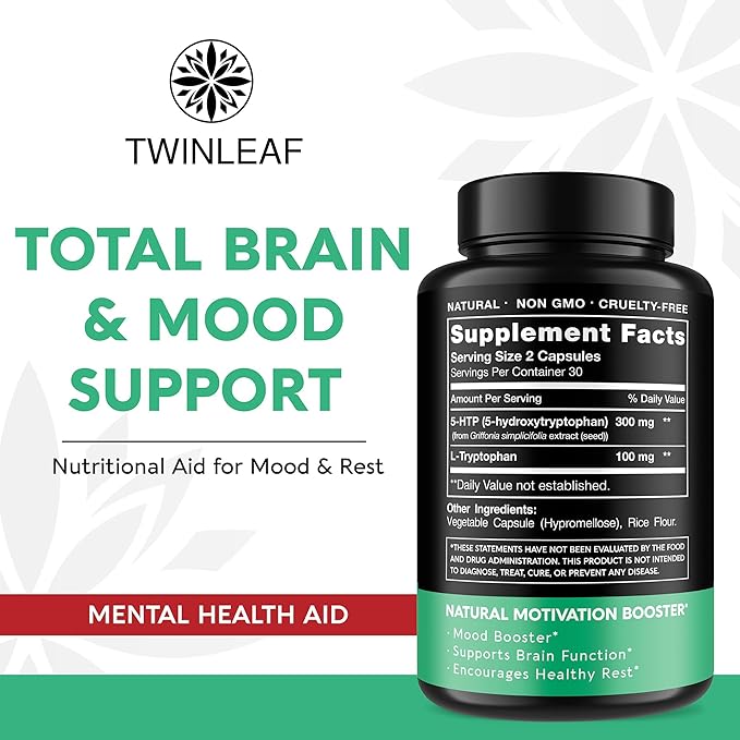 TWINLEAF 5 HTP Supplement for Mood Support - Made in USA - Natural 5-HTP & L-tryptophan Capsules - 5-HTP Booster for Men & Women - Proprietary Formula for Mood and Relaxation - 60 Vegan Capsules
