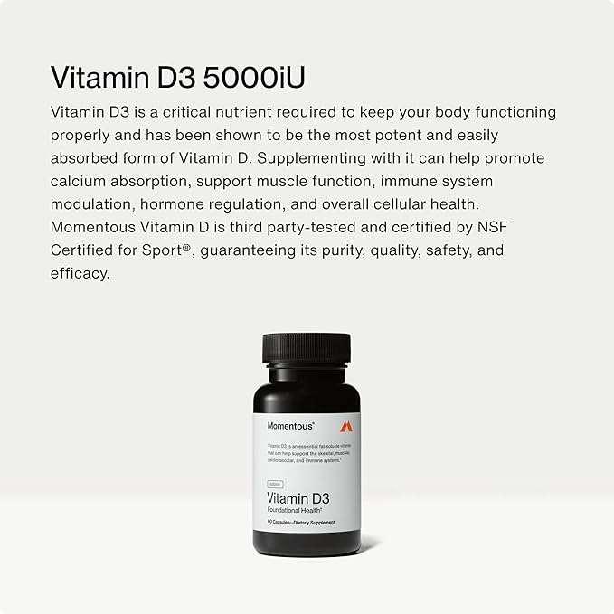Momentous Vitamin D3 Supplement - 5000 IU Capsules for Foundational Health Support - NSF Certified, Gluten Free, 60 Servings