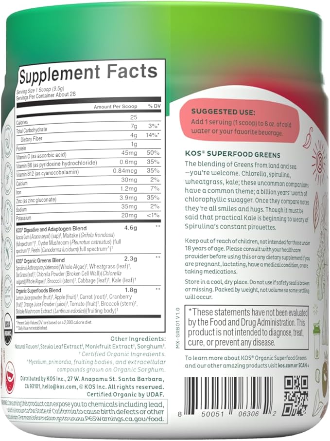 KOS Organic Superfood Greens Powder - Gut Health from Prebiotic Fiber, Supergreens and Adaptogens - USDA Certified Organic, Made in a GMP Certified Facility - 28 Servings Berry