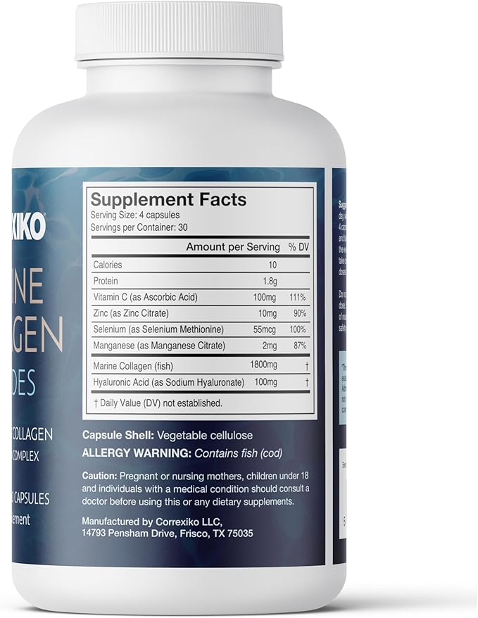 CORREXIKO Marine Collagen Supplement Pills - 1800mg Hydrolyzed Collagen Peptides per Serving with Added Hyaluronic Acid, Vitamin C & Minerals - for Hair, Skin & Nails - 240 Capsules 2 Month Supply