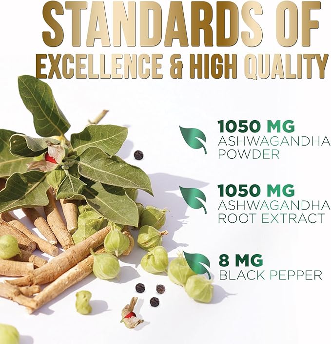 Herbal Ashwagandha 2,100 mg - Extra Strength Unwind, Calm & Relax Support with Black Pepper - Natural Focus & Energy Support - Ashwagandha Powder Supplements - Vegan, Gluten Free - 180 Capsules