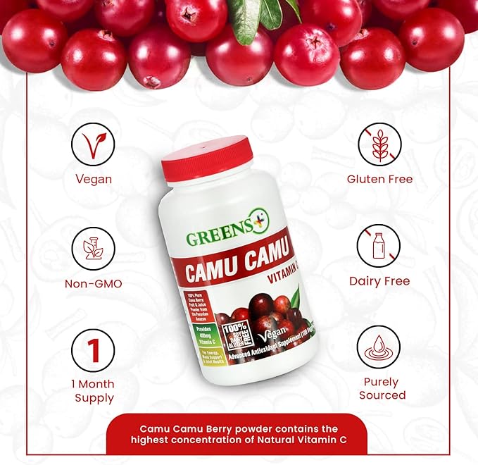 Greens+ Organic Reds Superfood Powder Camu Camu Dietary 400mg Vitamin C SuperFruit Supplement 120 Capsules, 100% Natural, Vitamins & Minerals, Vegan, Soy/Dairy/Gluten Free