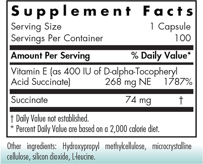 Nutricology Vitamin E Succinate Supplement - for Men & Women, 400 IU D-Alpha-Tocopheryl, Antioxidant, Vegetarian Capsules - 100 Count