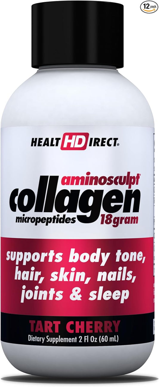 Health Direct – Medical-Grade Liquid Collagen Shots – AminoSculpt Sugar-Free – Tart Cherry – 12 Servings, (12pk, 2oz Shots) – Good for Joints, Bones, & Sleep – Better Hair, Skin & Nails