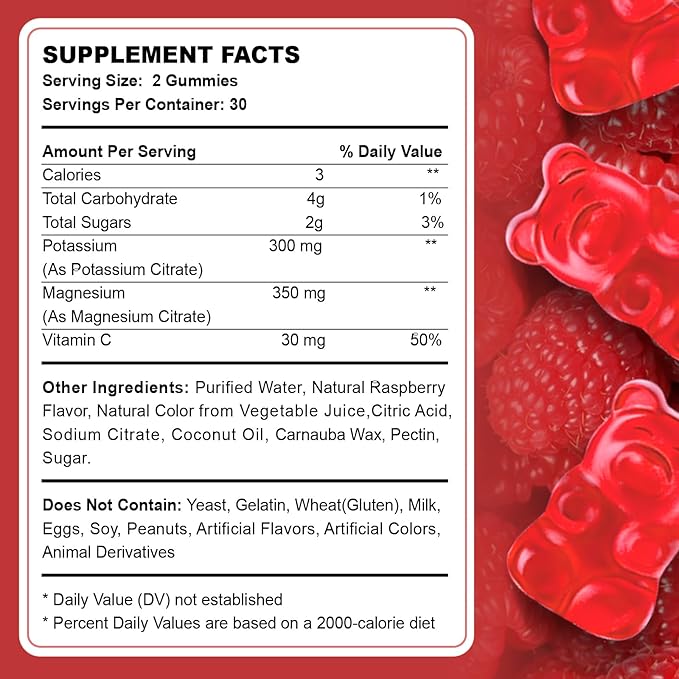 2 Pack Potassium Magnesium Gummies for Adult Kids High Absorption Leg Cramps & Muscle & Heart Health Immune Health Raspberry Magnesium Gummies Chewable Gummy Supplement Vegan Non-GMO