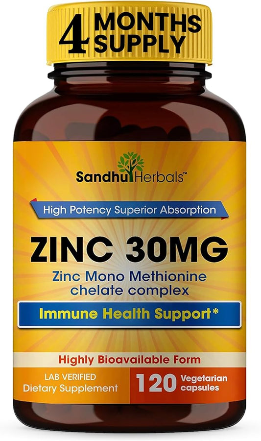 Sandhu Herbals Zinc 30mg Supplement for Men & Women| High Absorption Zinc Monomethionine Complex 120 Capsules| Zinc Supplements for Immune, Acne & Antioxidant Support| Vegetarian, Made in The USA