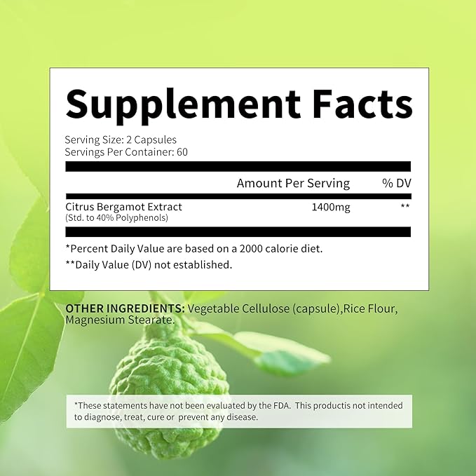 Organic Citrus Bergamot 1400mg, 120 Capsules - 25:1 Citrus Bergamia - Essential Oil and Citrus Bioflavonoids - Natural Heart Health Supplements for Women and Men - Non-GMO Pills