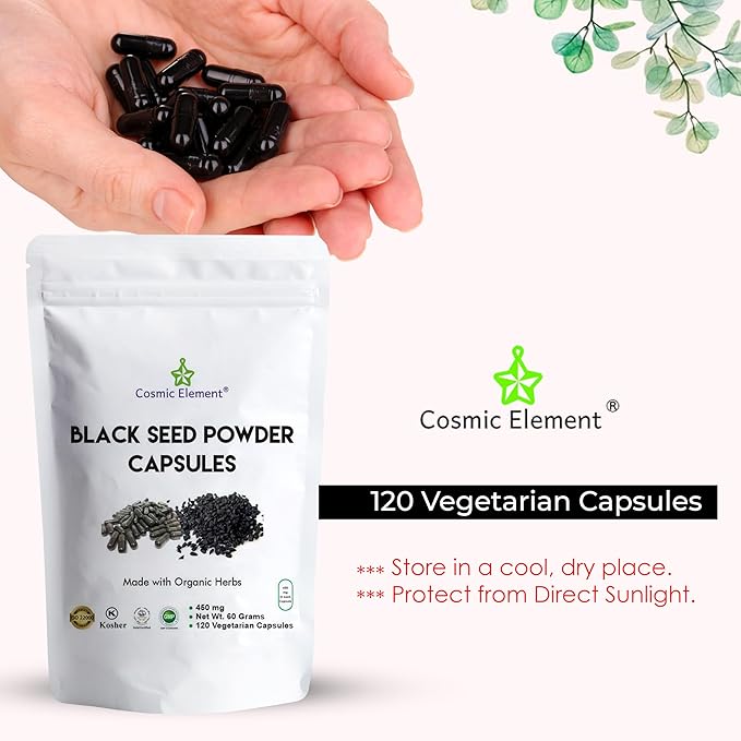 100% Pure Black Seed Powder Capsules Organic - Vegan Nigella Sativa 450mg Black Cumin Seeds per Serving for Health - 120 Capsules