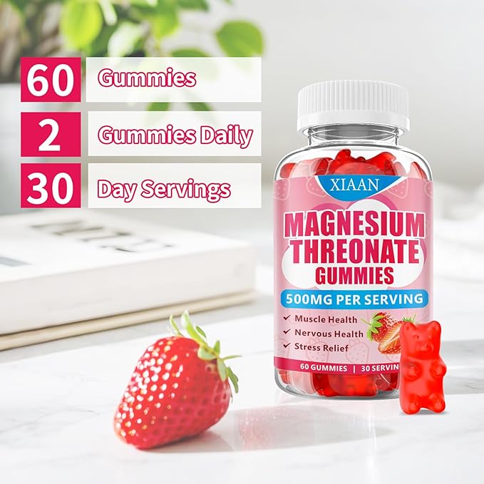 Magnesium L-Threonate Gummies 500mg, Suagr-Free Magnesium Threonate Supplement for Kids & Adults Muscle & Nervous Health Support, Strawberry Flavor 120 Count