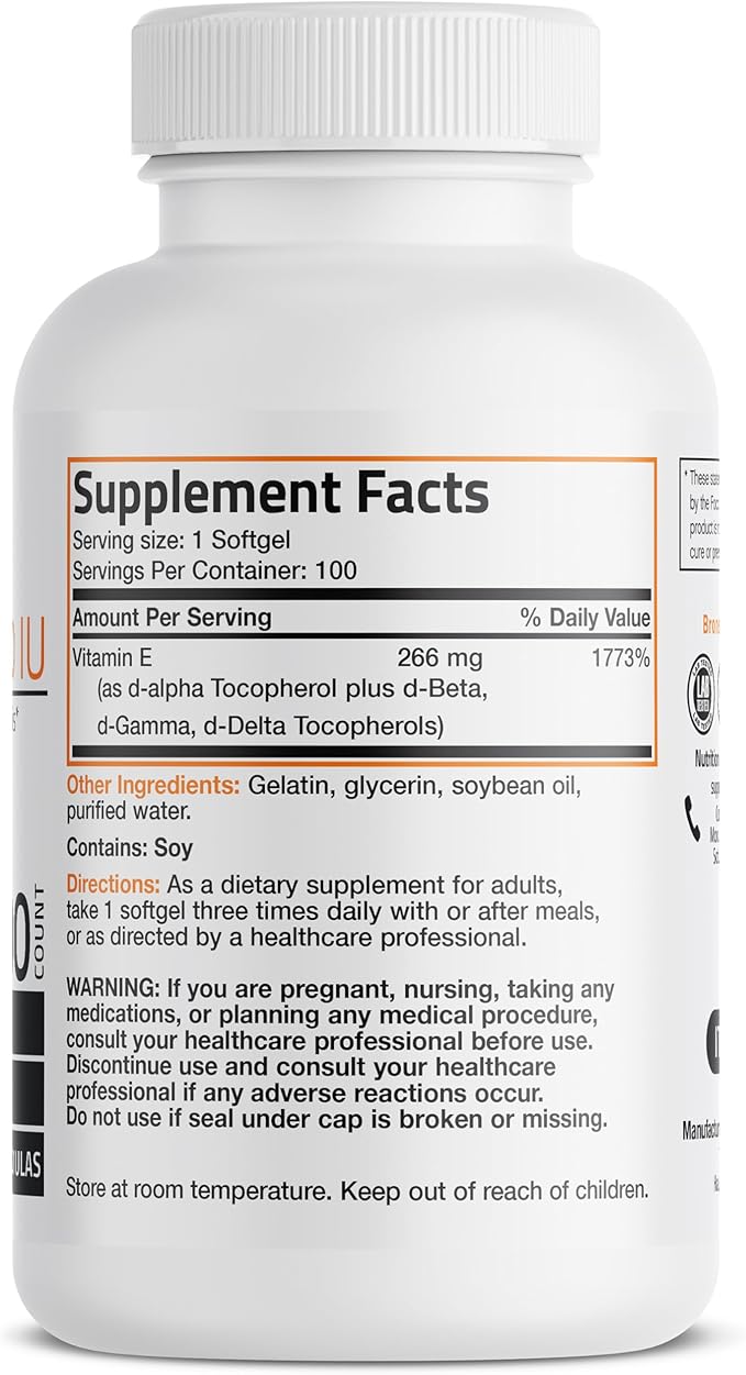 Bronson Natural Vitamin E Complex 400 I.U. Supplement (d-Alpha Tocopherol Plus d-Beta, d-Gamma, & d-Delta Tocopherols), Natural Antioxidant, 100 Softgels